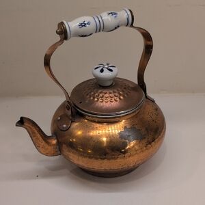 Vintage Copper Hammered Tea Kettle Delft Porcelain